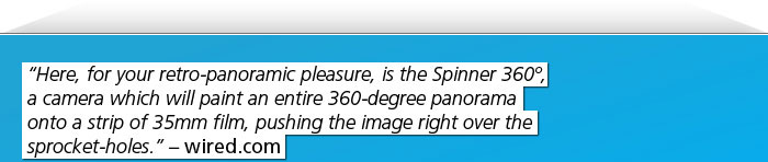 “Here, for your retro-panoramic pleasure, is the Spinner 360º, a camera which will paint an entire 360-degree panorama onto a strip of 35mm film, pushing the image right over the sprocket-holes.” – wired.com