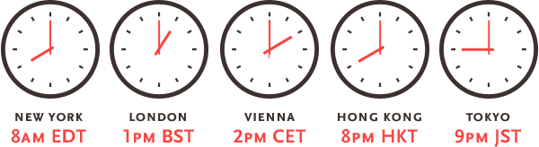 New York - 8am EDT | London - ?1pm BST | Vienna - 2pm CET | Hong Kong - 8pm HKT | Tokyo - 9pm JST