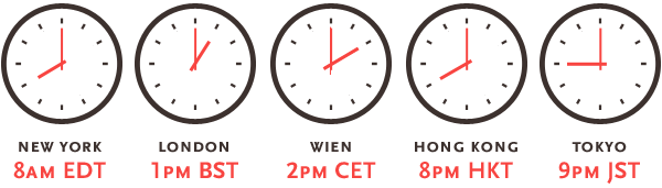 New York - 8am EDT | London - ?1pm BST | Vienna - 2pm CET | Hong Kong - 8pm HKT | Tokyo - 9pm JST
