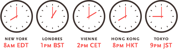 New York - 8am EDT | London - ?1pm BST | Vienna - 2pm CET | Hong Kong - 8pm HKT | Tokyo - 9pm JST