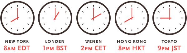 New York - 8am EDT | London - ?1pm BST | Vienna - 2pm CET | Hong Kong - 8pm HKT | Tokyo - 9pm JST