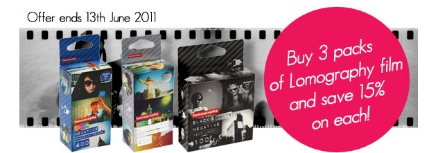 Buy 3 packs of Lomography film (pack of three) and get 15% on eachs